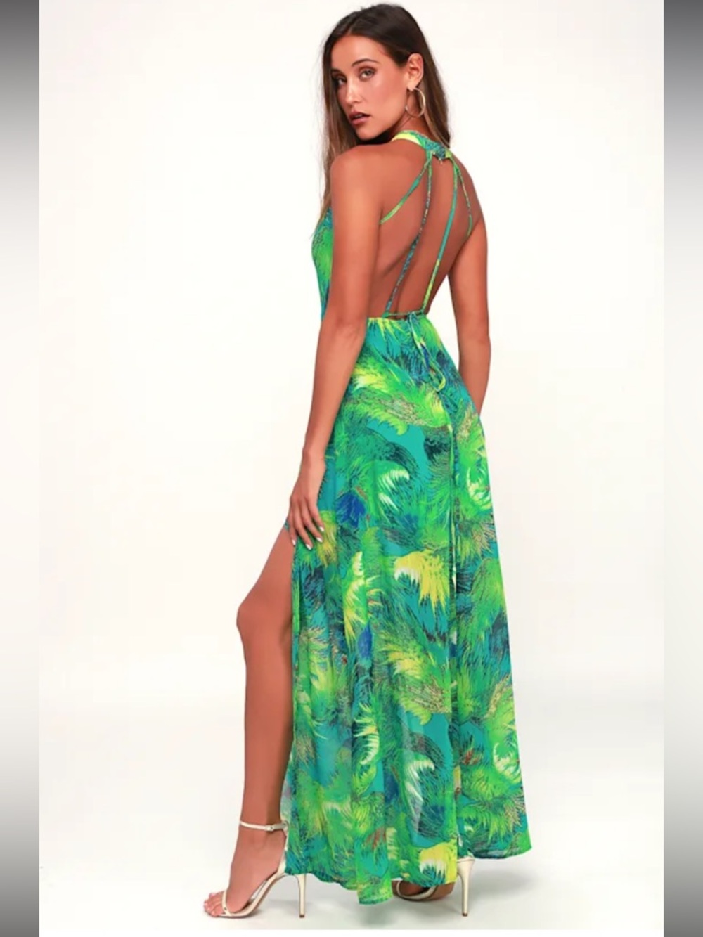 Lulus Tropic of Discussion Green Tropical Print Maxi Dress size small